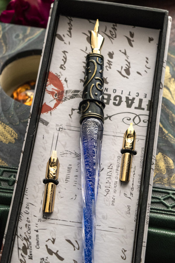 Old World Handblown Glass Pen and Ink Set - with Metal Nibs & decorative Holder - Image 2