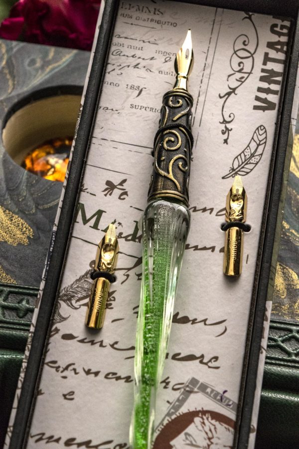 Old World Handblown Glass Pen and Ink Set - with Metal Nibs & decorative Holder - Image 3