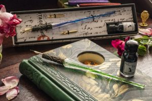 Old World Handblown Glass Pen and Ink Set - with Metal Nibs & decorative Holder