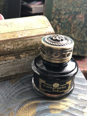 Bronze Italian Inkwell with Black Calligraphy Ink