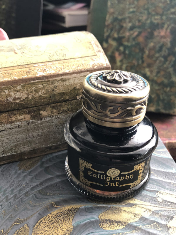Bronze Italian Inkwell with Black Calligraphy Ink