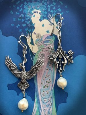 Firebird asymmetrical Earrings with Baroque Pearls