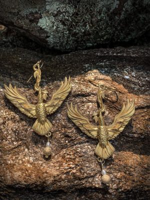 FIREBIRD EARRINGS, 18 K. Vermeil