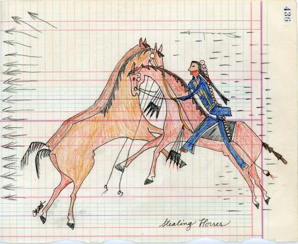 "STEALING HORSES" ledger drawing by Cathy A. Smith