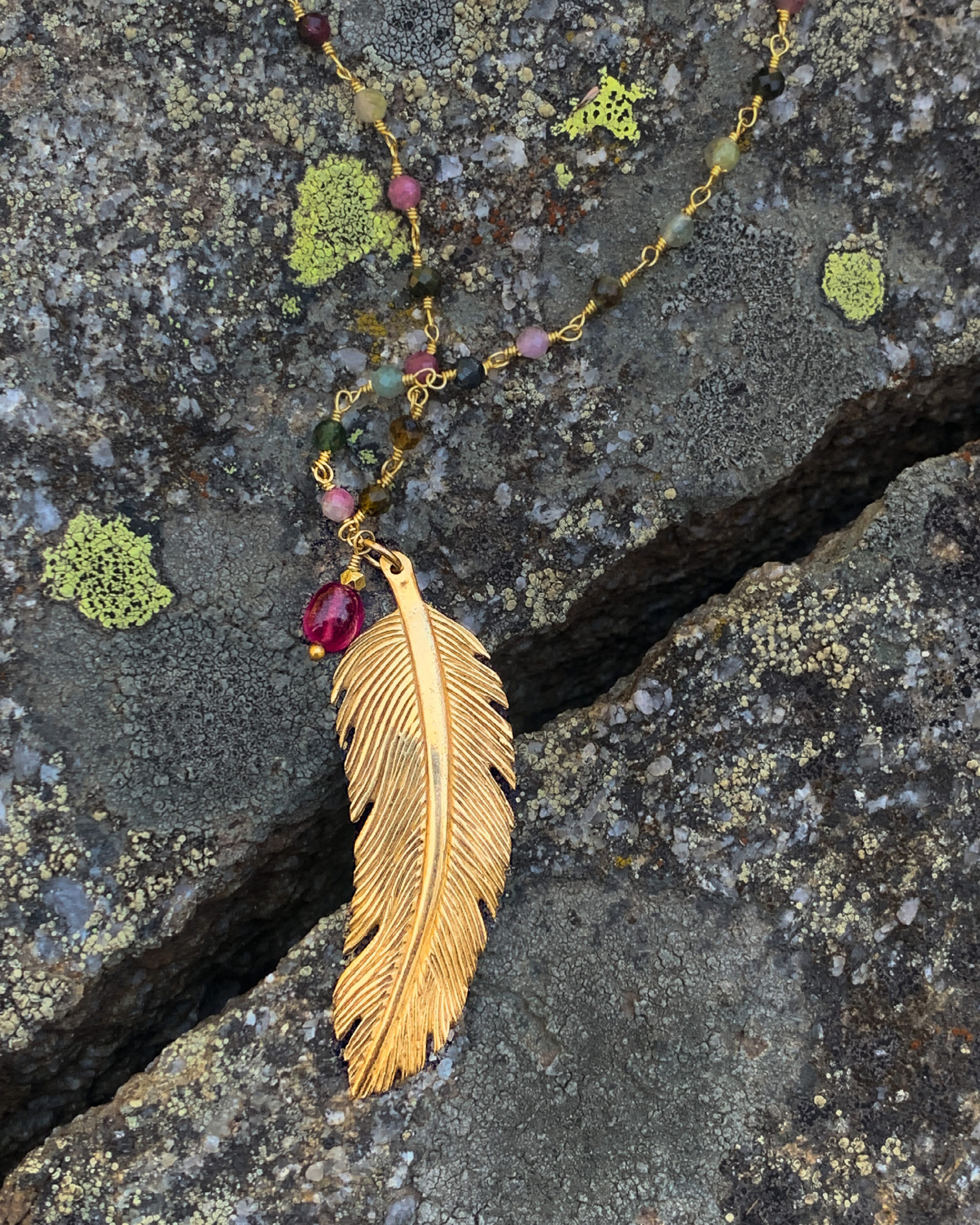 Raven Feather Pendant With Tourmaline Necklace and Ruby.