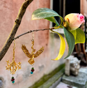 Firebird & Exotic floral asymmetrical earrings
