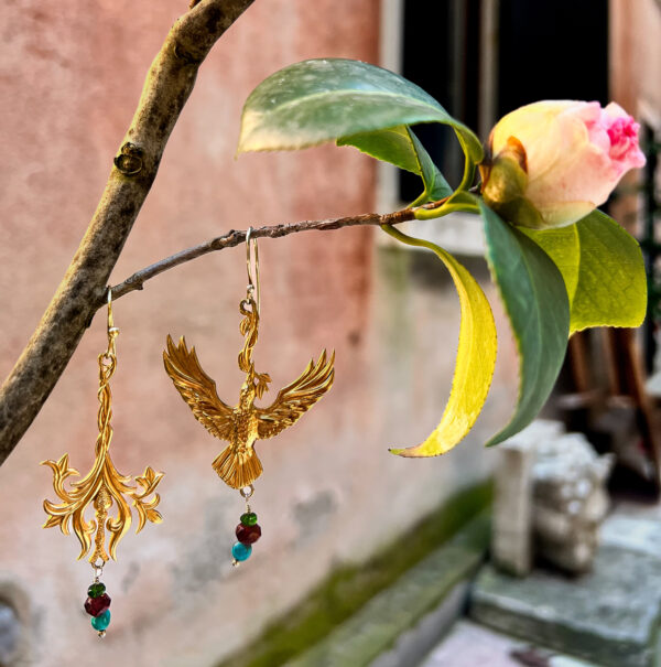Firebird & Exotic floral asymmetrical earrings