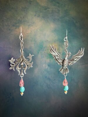 FIREBIRD & EXOTIC FLOWER EARRINGS  w/ PINK TOURMALINE & TURQUOISE DROPS