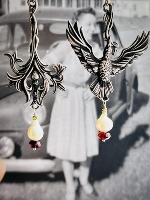 Firebird and Exotic Flower Asymmetrical Earrings