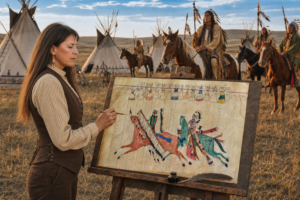 Returning Warriors Circle the Camp ~ Original Ledger Drawing by Cathy A. Smith